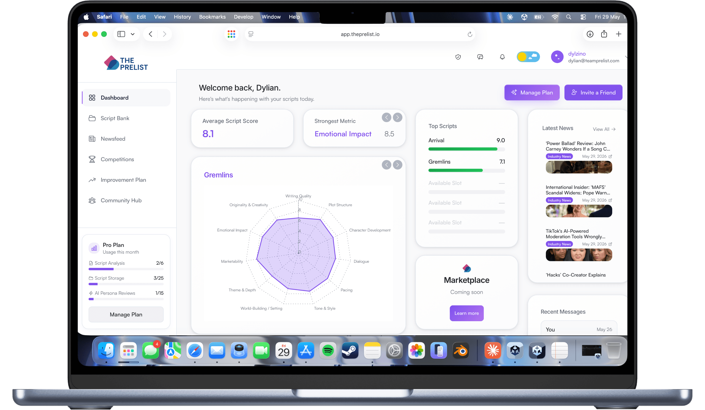 The PreList dashboard on a MacBook