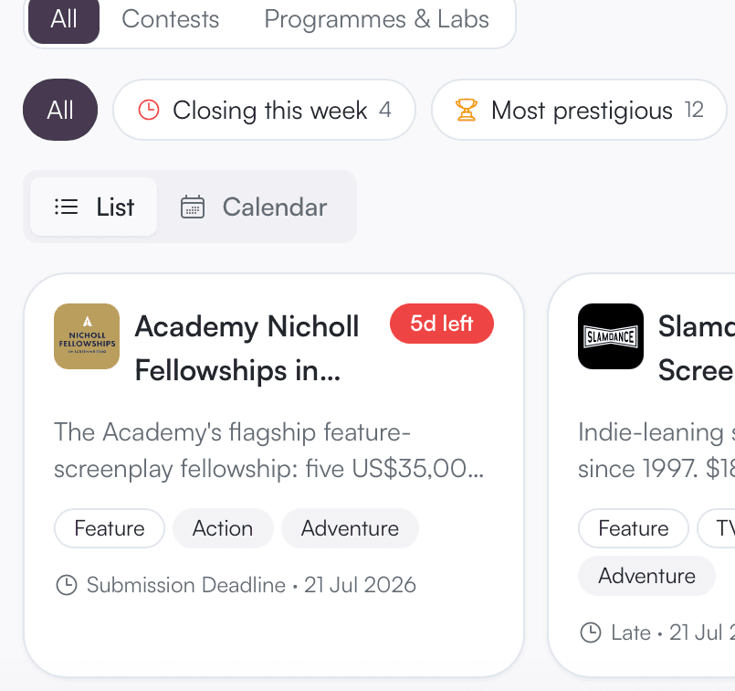 The competitions directory filtered to contests closing this week, with a listing showing its deadline, entry window, and genres