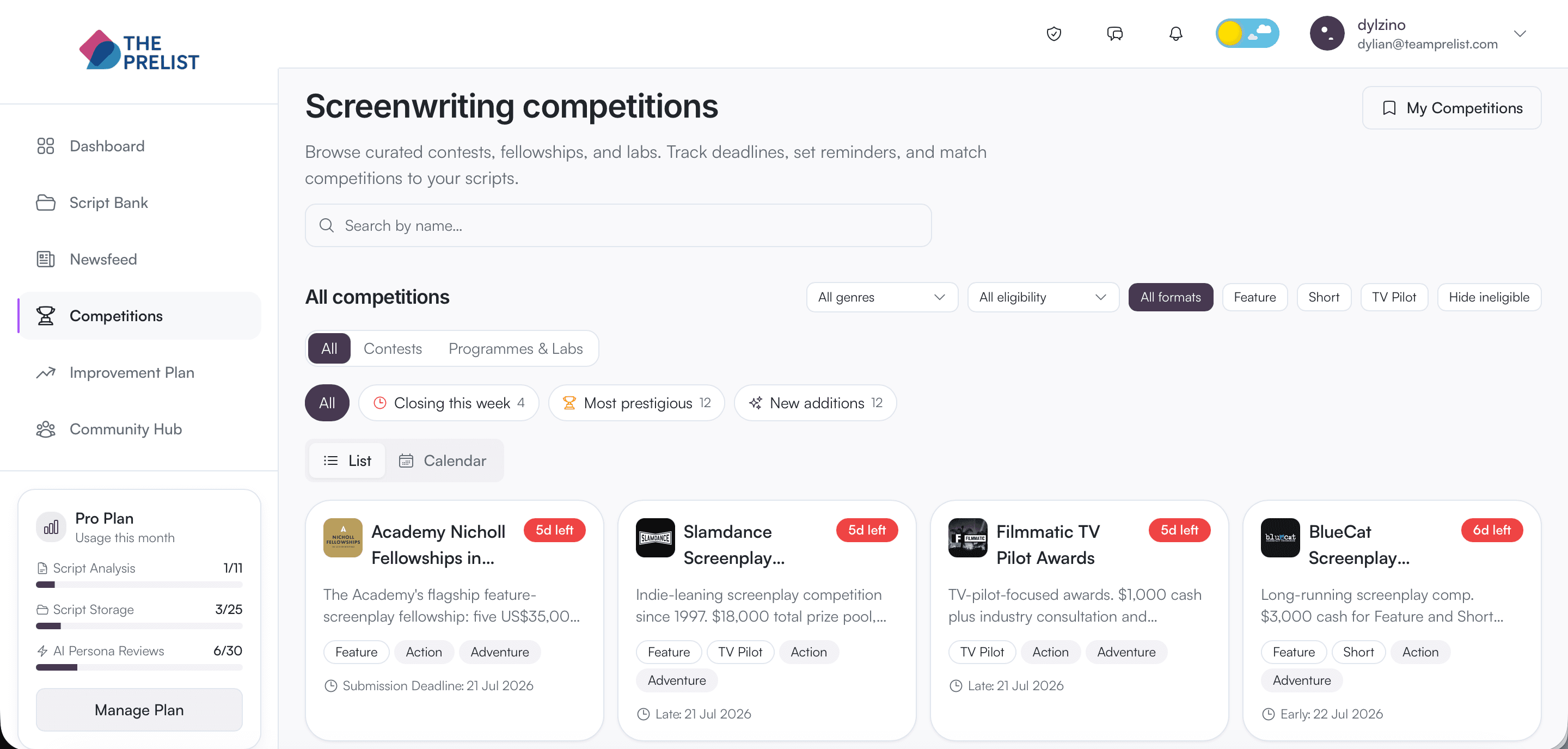 The PreList competitions browse page showing genre filters, urgency badges, and competition tiles