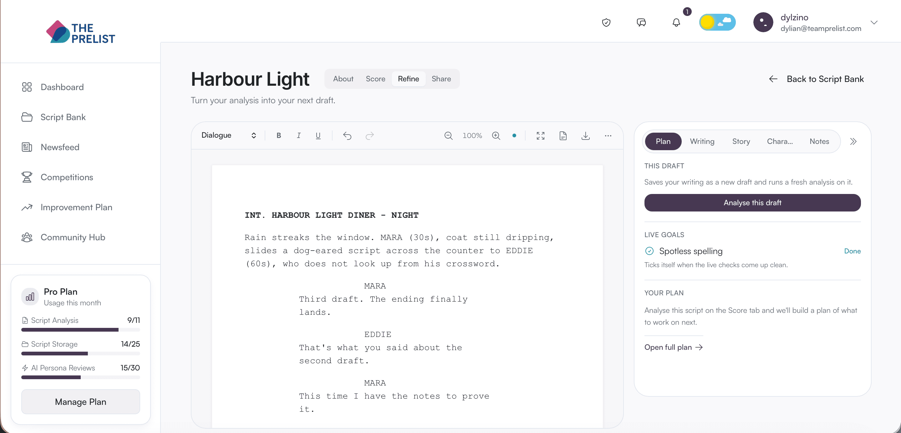The PreList Editor showing a screenplay page with persona notes and live checks in the side dock