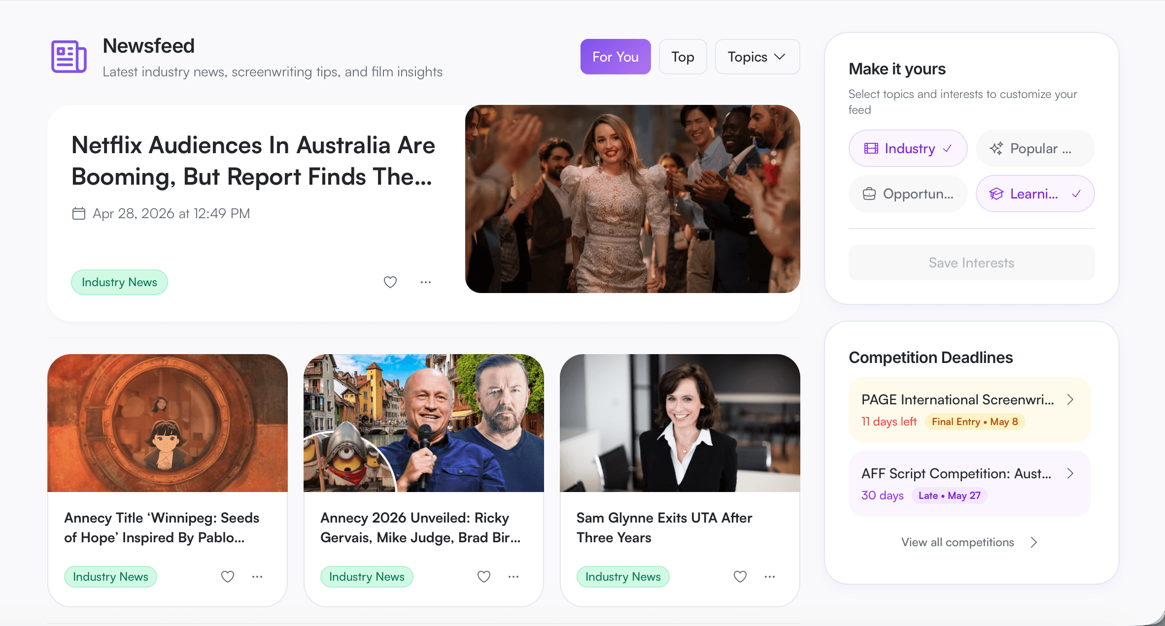 Newsfeed page showing article tiles, customisation panel, and competition deadlines