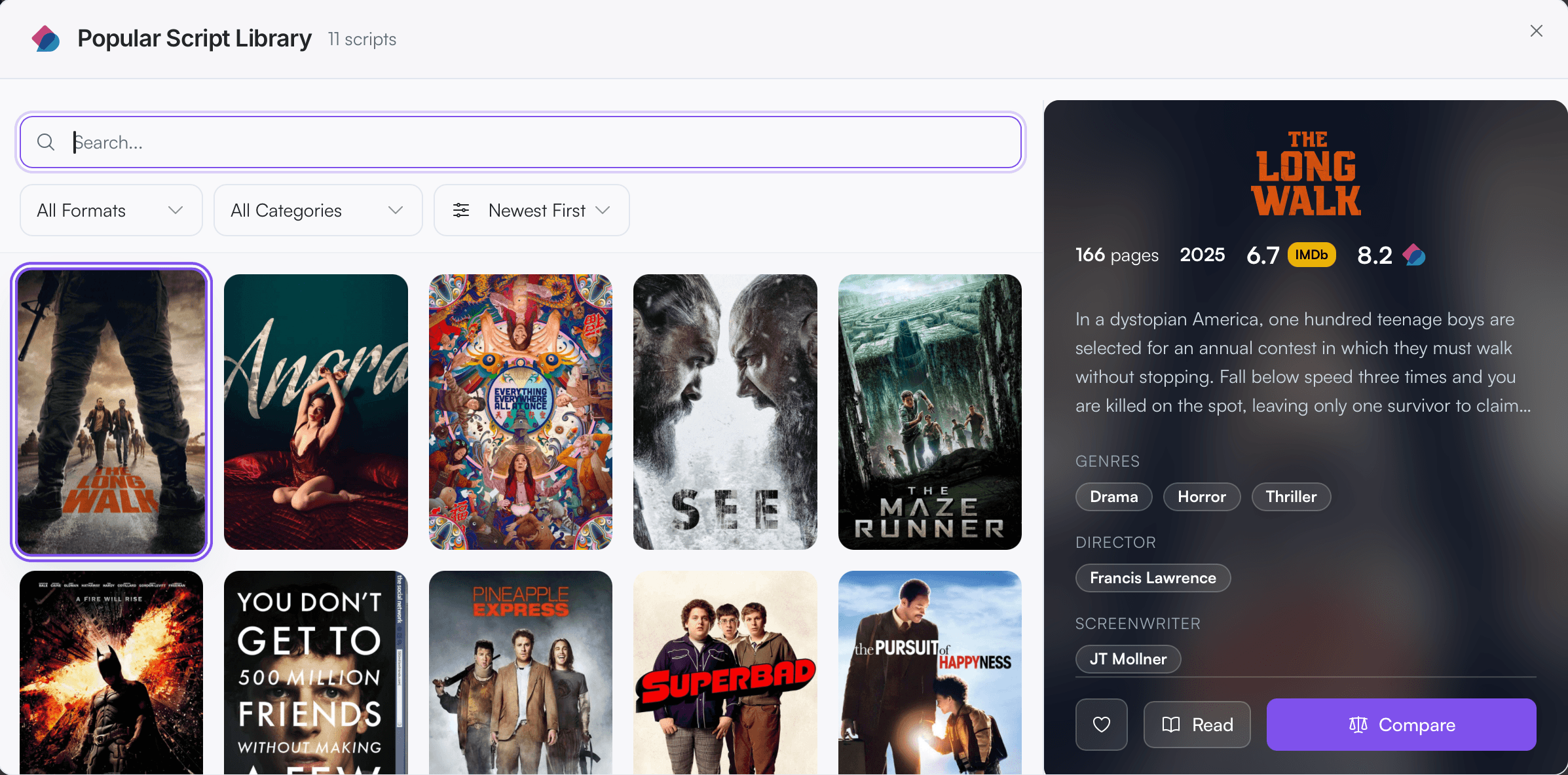 Popular Scripts library modal showing poster grid and a detail panel