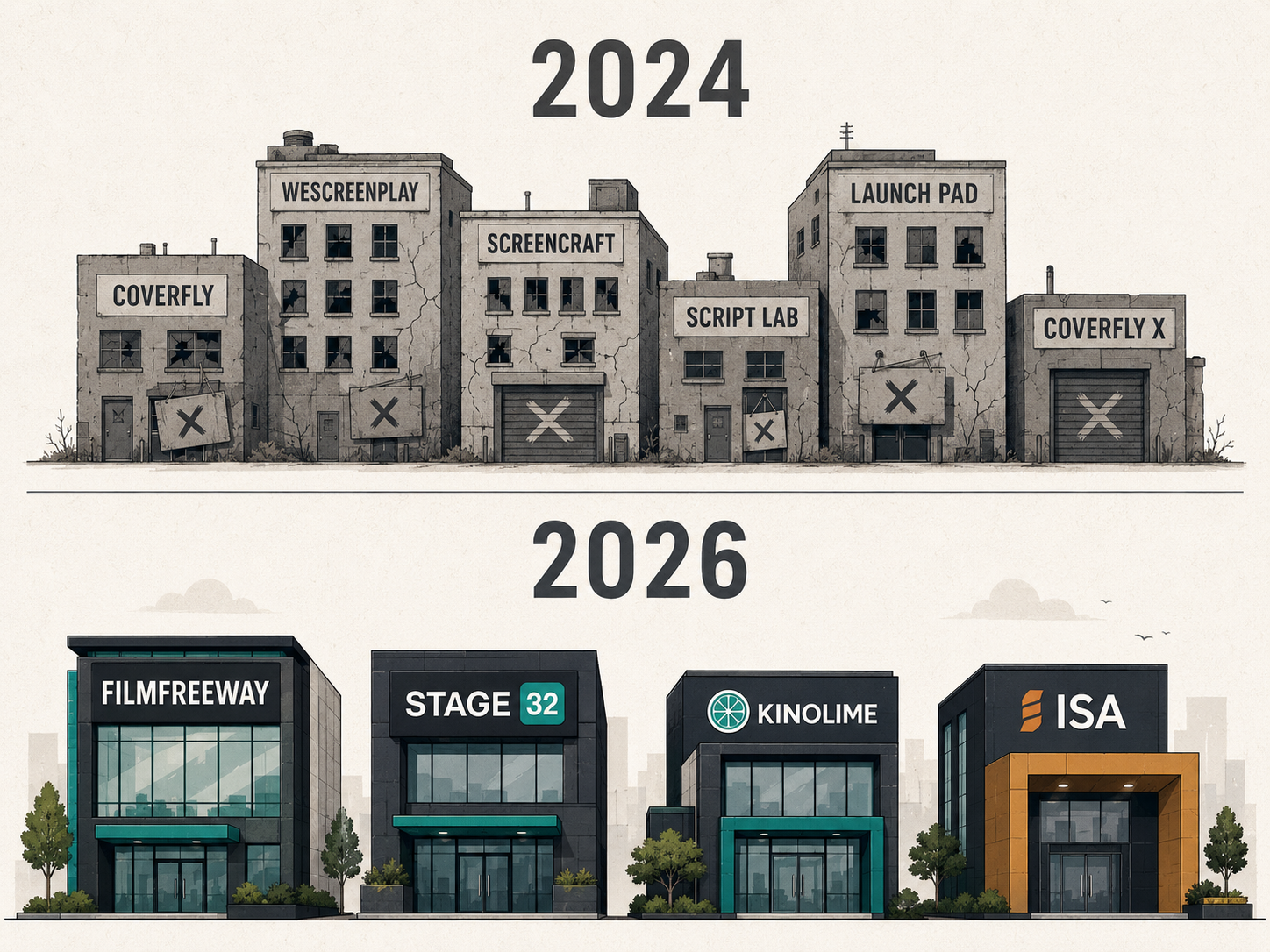 Illustration contrasting the 2024 screenwriting platform landscape (Coverfly, WeScreenplay, ScreenCraft, Script Lab, Launch Pad, and Coverfly X depicted as abandoned buildings) with the 2026 landscape (FilmFreeway, Stage 32, Kinolime, and ISA depicted as new buildings).